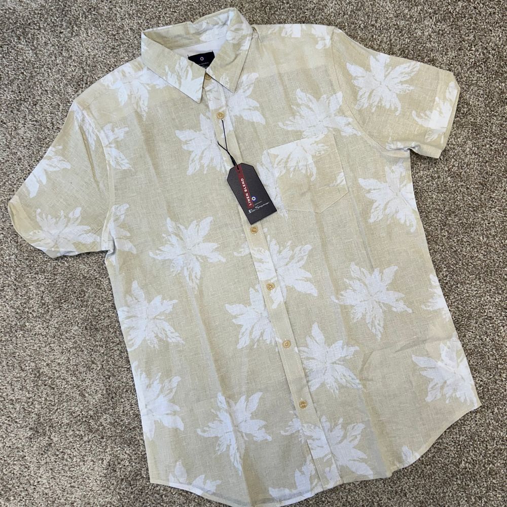 NWT‎ Ben Sherman Linen Blend Button Front Shirt Men Size Medium Natural (553)